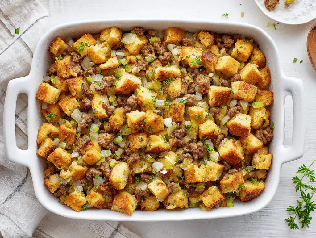 Make ahead thanksgiving stuffing assembled in a 9x13 pan, ready to be baked.