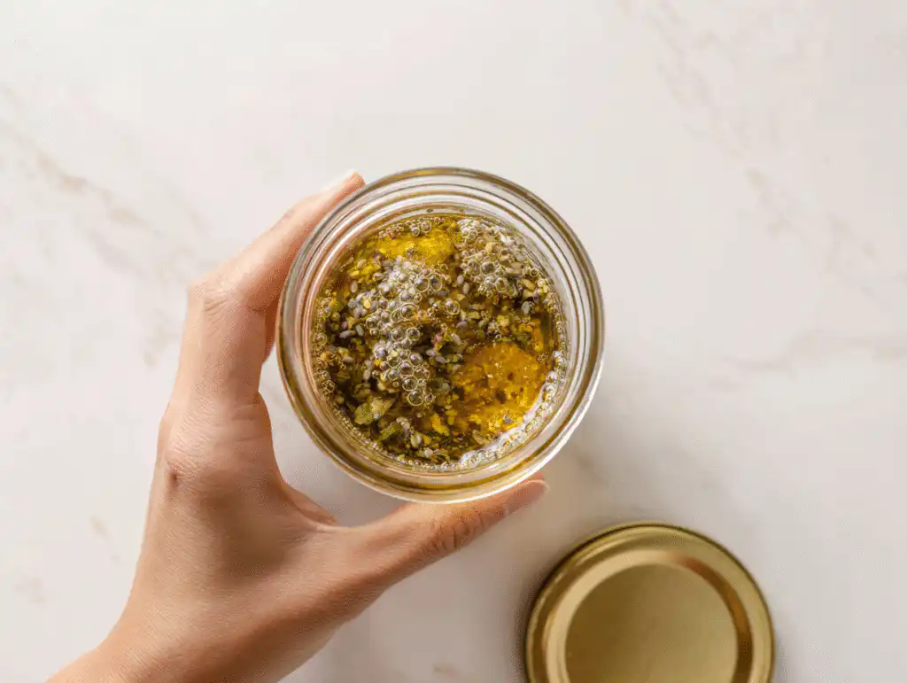 Shaking the cranberry spinach salad dressing in a jar to mix it.