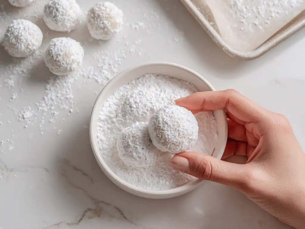 Christmas Gooey Butter Cookies (Easy From-Scratch!) 8 Rolling the Christmas Gooey Butter Cookies dough balls in powdered sugar.