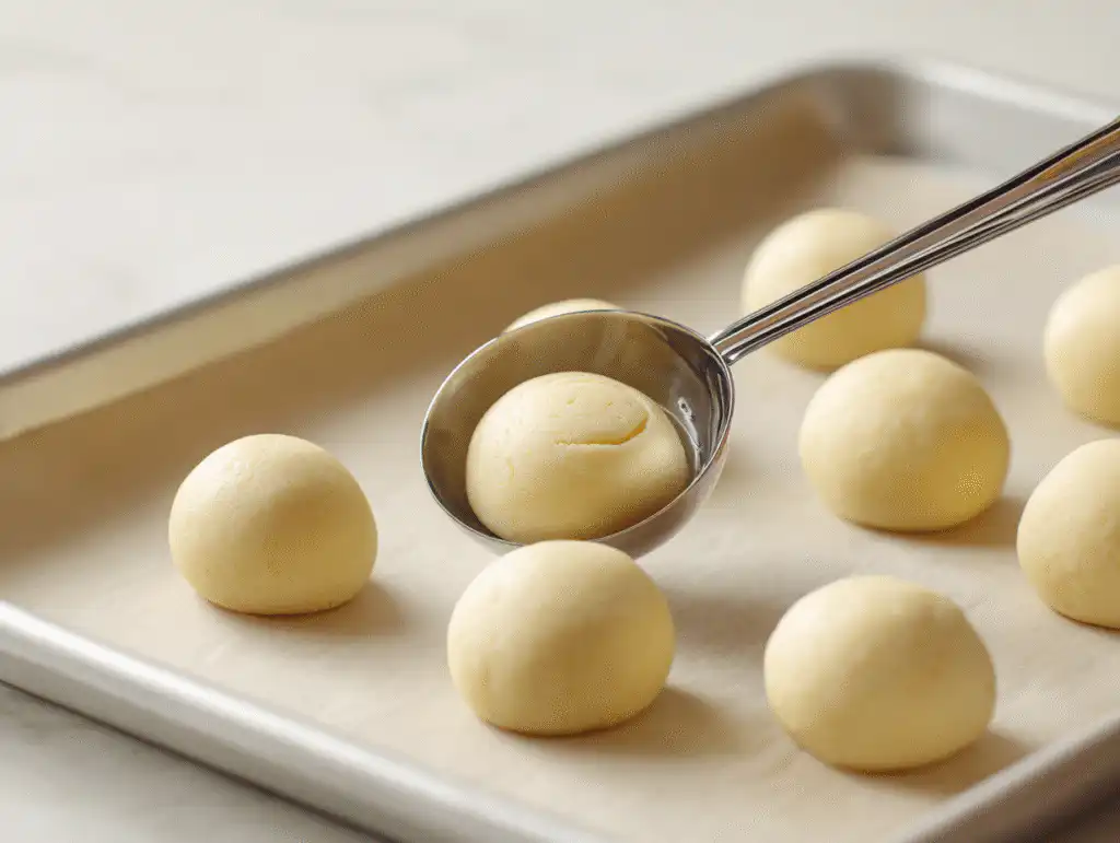 Using a measuring spoon to make the indent for a best thumbprint cookie recipe.