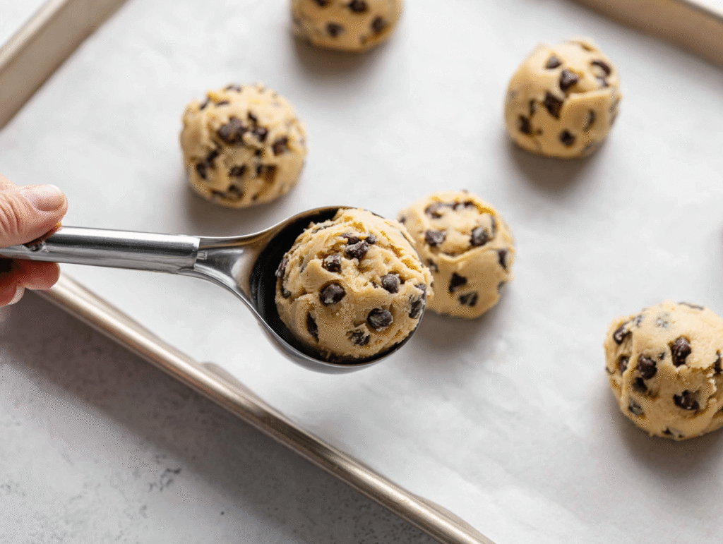 The Best Soft Chocolate Chip Cookies (My Secret Ingredient!) 8 Scooping chocolate chip cookies dough balls onto a parchment-lined baking sheet.