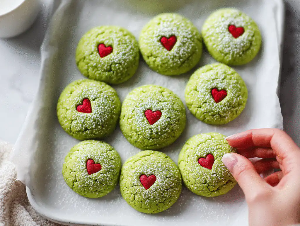Pressing a red heart sprinkle into a hot, freshly baked Grinch Cookie (the secret tip!).
