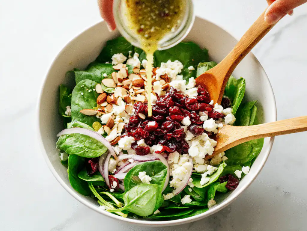 Tossing the spinach salad with cranberries and dressing in a large white bowl.