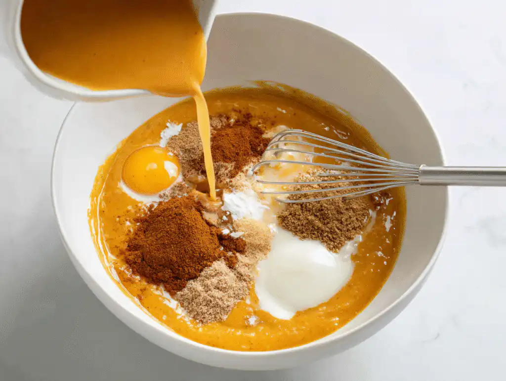 Mixing pumpkin pie filling in a bowl with pumpkin puree, evaporated milk, eggs, sugars, and spices.