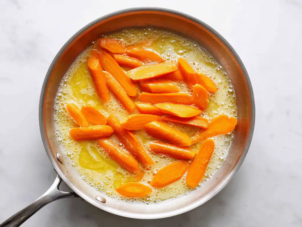 The Best Honey-Glazed Carrots (Simple Stovetop Recipe!) 7 Simmering diagonal-sliced carrots in a skillet for honey-glazed carrots stove top.
