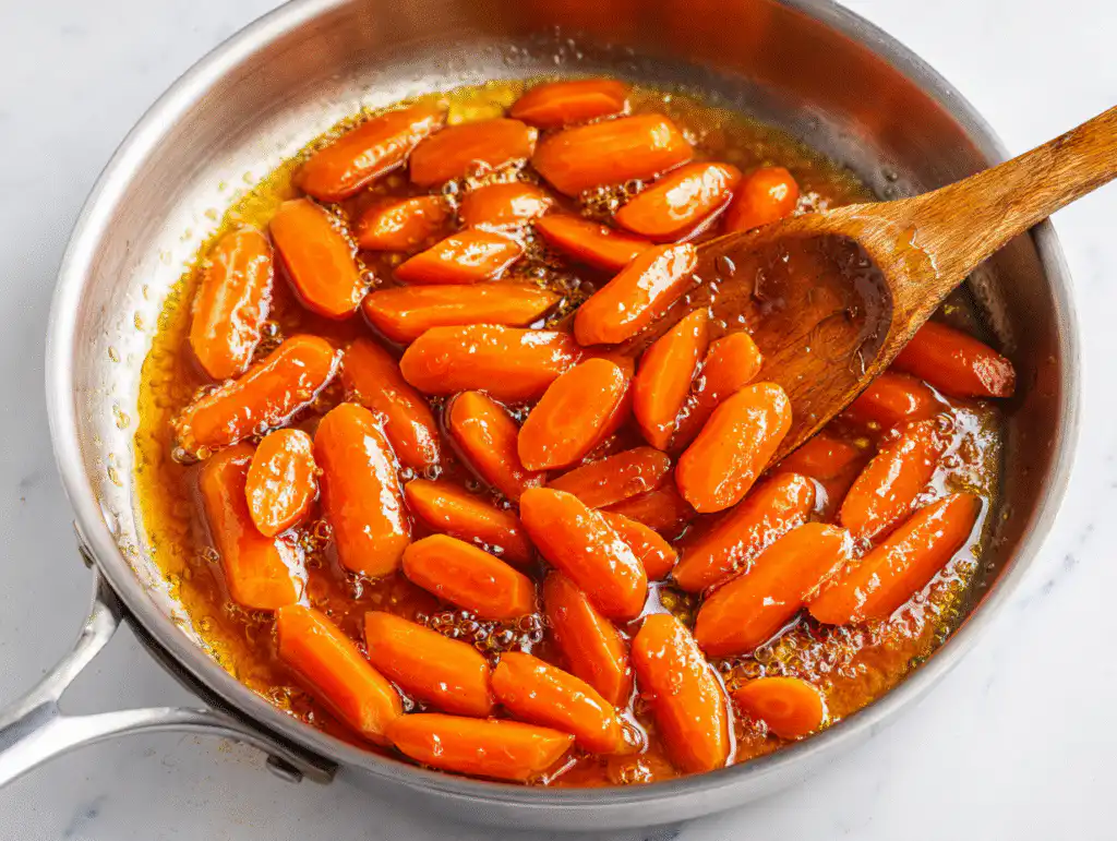The Best Honey-Glazed Carrots (Simple Stovetop Recipe!) 8 The finished sticky glaze coating the honey-glazed carrots.