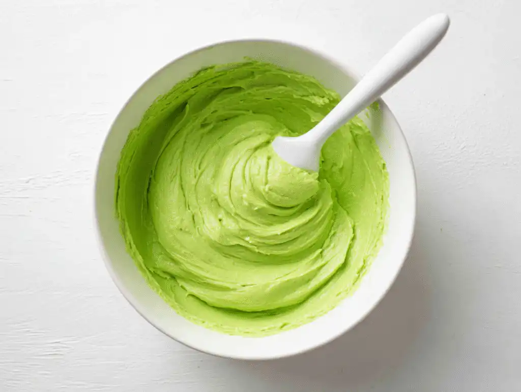A mixing bowl filled with the bright green Grinch Cookies dough.