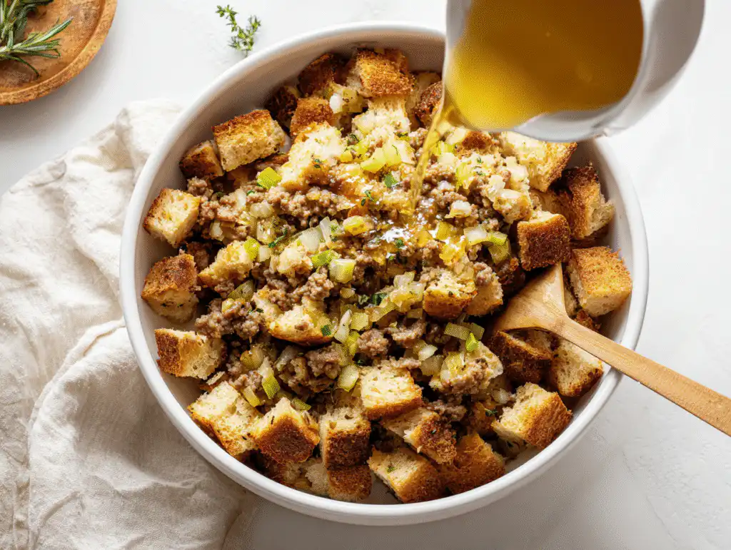 Combining the cooked sausage and vegetables with the dried bread cubes to make easy homemade stuffing.