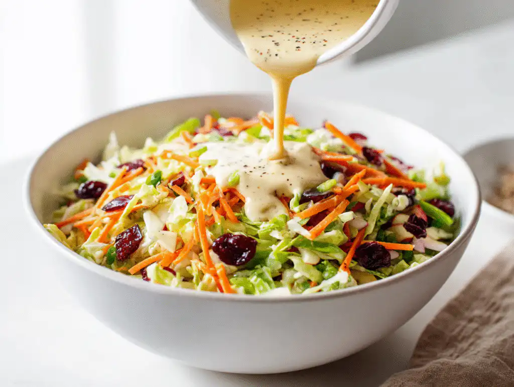 Pouring the creamy dressing over the apple cranberry salad mixture right before serving.