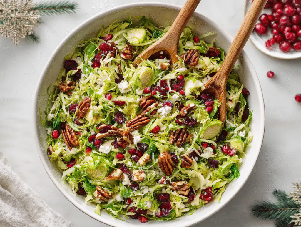 Shaved Brussels Sprout Salad (Easy Holiday Recipe!) 8 Tossing the Shaved Brussels Sprout Salad with dressing in a large white bowl.