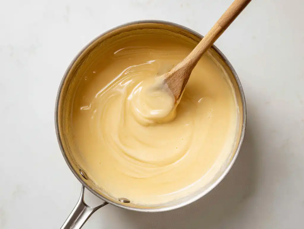 Making the homemade, creamy cheddar cheese sauce in a pan for the broccoli chicken wild rice casserole.