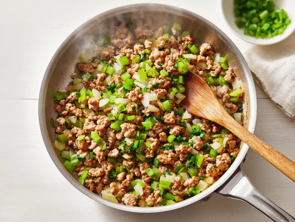 Cooking thanksgiving stuffing with sausage, onions, and celery in a skillet.