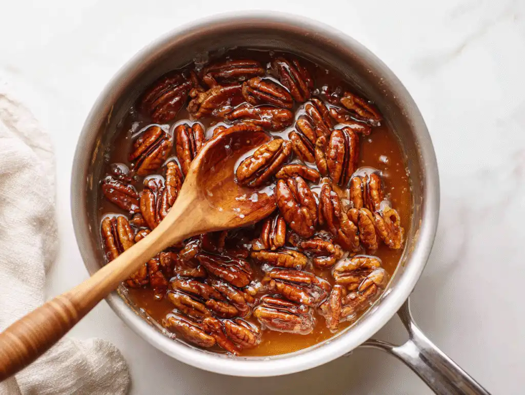 Cooking the gooey pecan pie filling for buttery pecan bars in a saucepan.