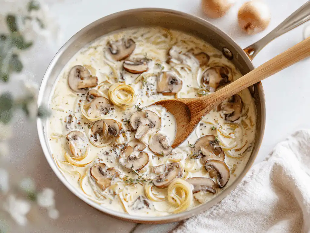 Making the Homemade creamy mushroom sauce for Green Bean Casserole in a skillet.