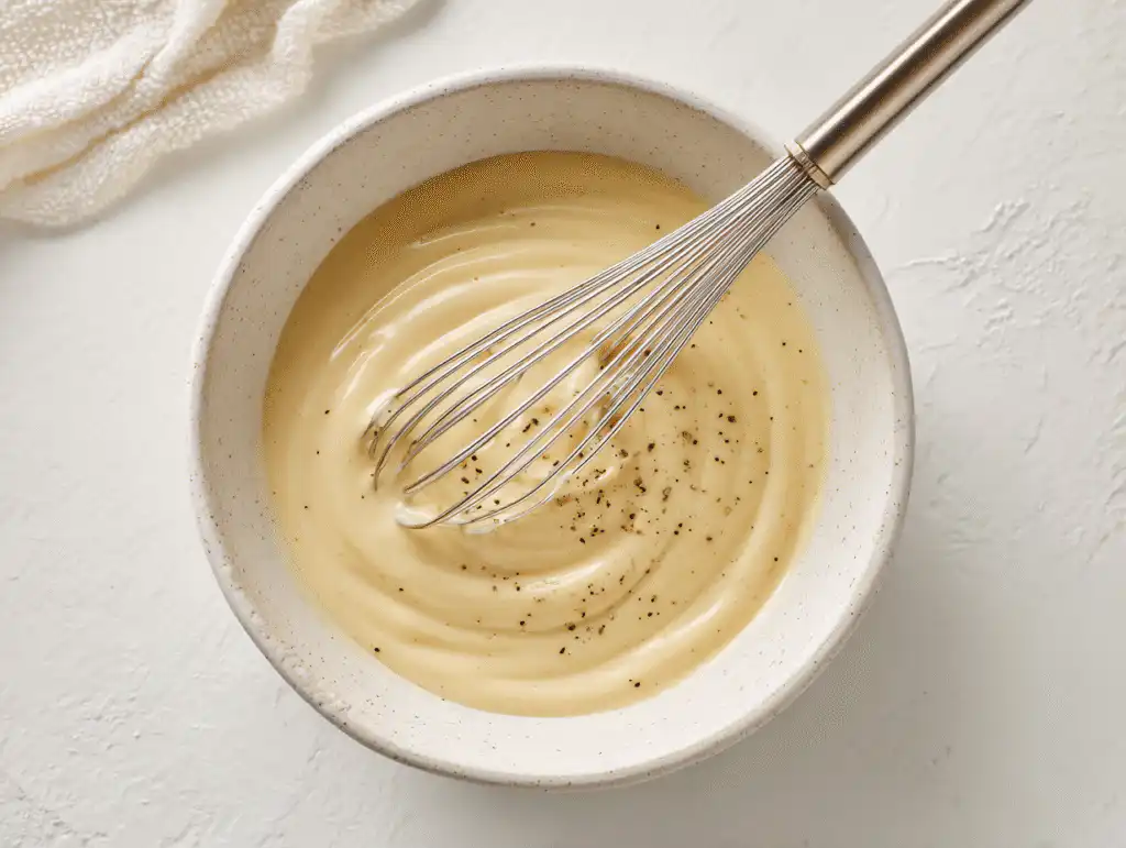 Whisking the creamy maple-dijon dressing for the Apple Cranberry Coleslaw Recipe in a white bowl.