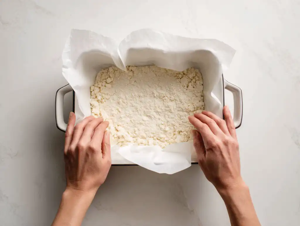 Pressing the Pecan Bars Recipe Shortbread Crust into a 9x13 pan