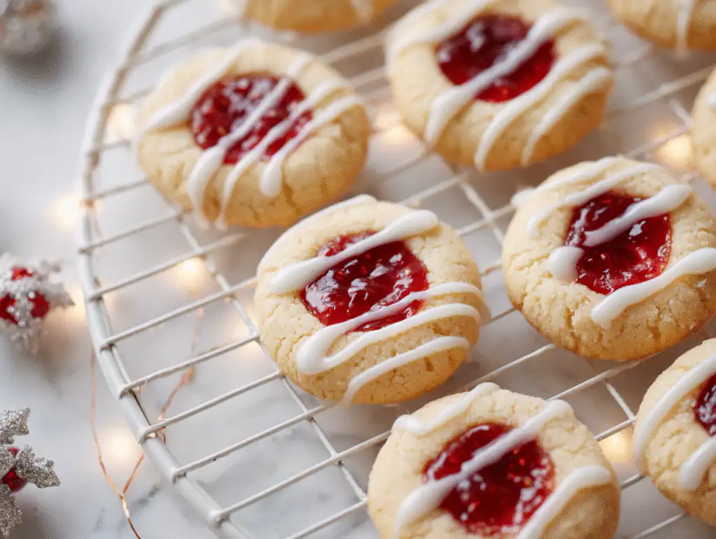 Drizzling white icing on thumbprint cookies with icing for Christmas.