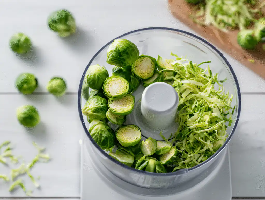 Shaved Brussels Sprout Salad (Easy Holiday Recipe!) 7 Showing how to shave Brussels sprouts for a salad using a food processor.