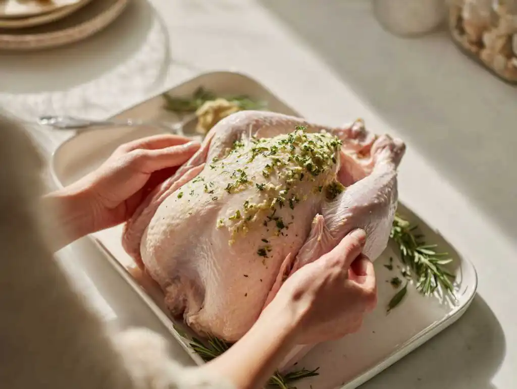 Rubbing a simple herb Simple Turkey Seasoning butter under the skin of a Bone-In Turkey Breast Recipe.