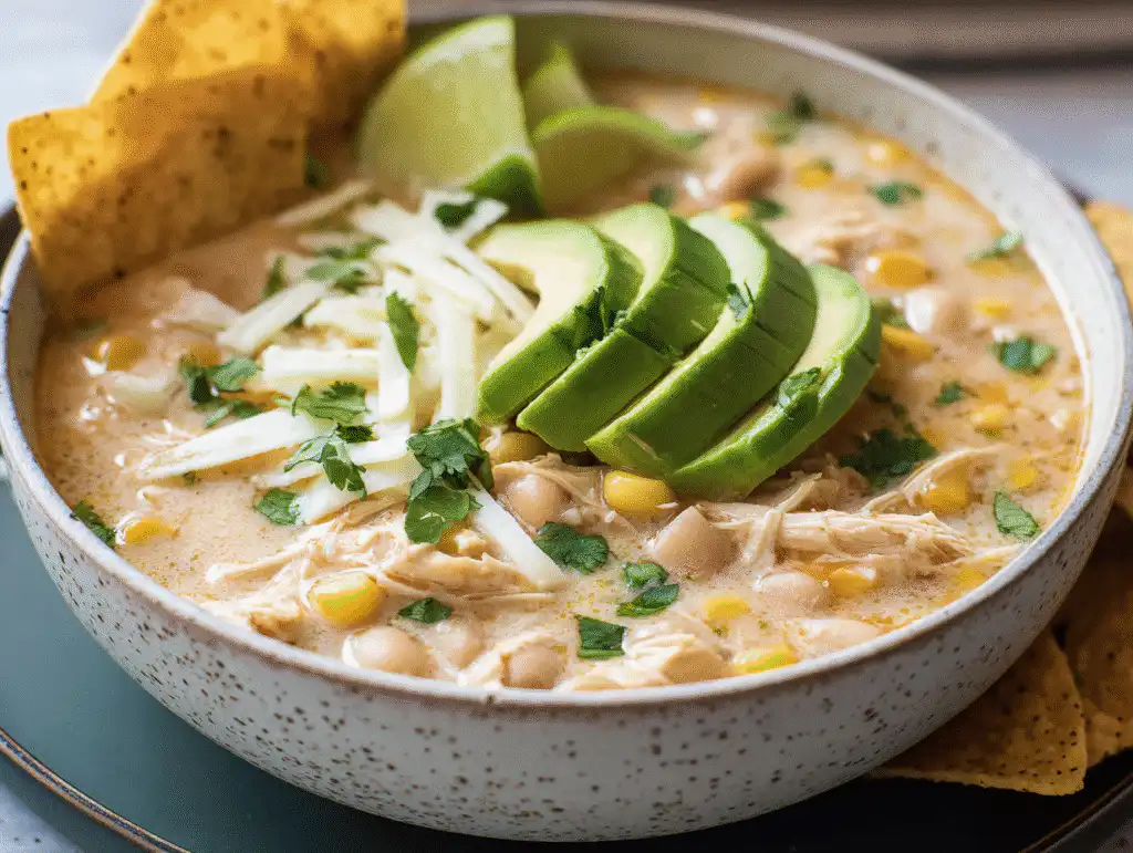 A bowl of creamy White Chicken Chili topped with avocado, cheese, cilantro, and lime.