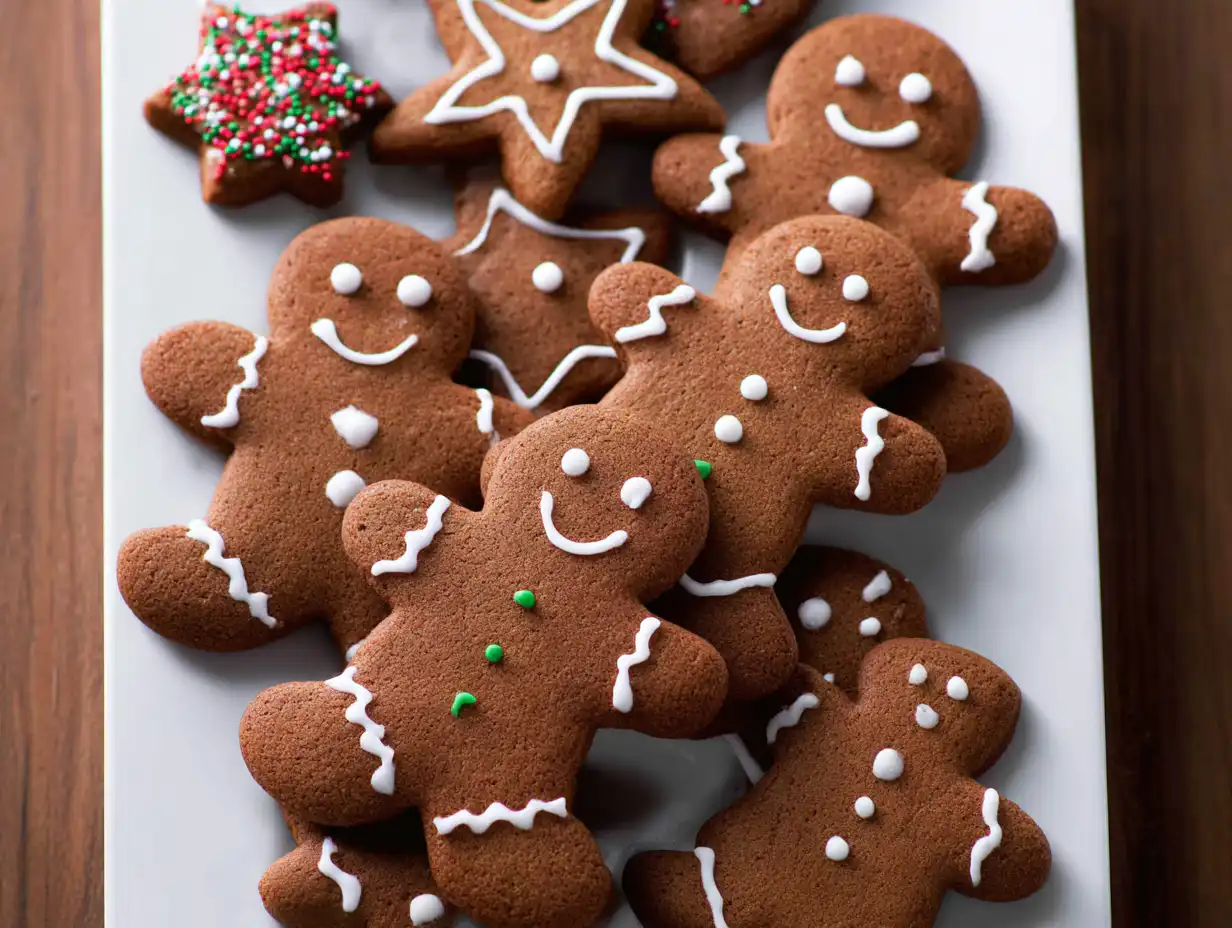 The Best Soft Gingerbread Cookies (Easy Recipe for Decorating!) 6 A white platter of the best gingerbread cookies decorated with white icing for Christmas, on a bright white table.