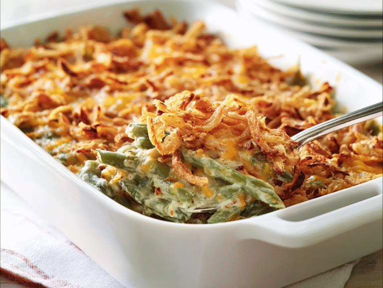 The Best Green Bean Casserole Recipe in a white 9x13 pan, ready for Thanksgiving, on a bright white table.