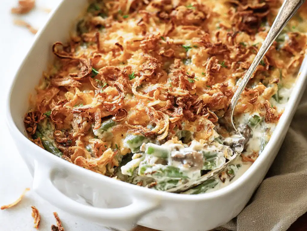 Ellie's Foolproof Thanksgiving Menu (Easy Game Plan!) 4 The Best Green Bean Casserole Recipe in a white 9x13 pan, ready for Thanksgiving, on a bright white table.