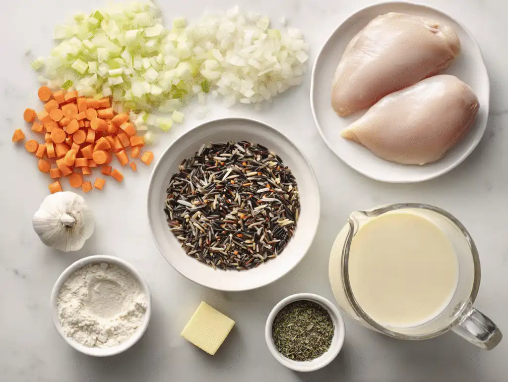 Ingredients for easy chicken and wild rice soup with cream, including chicken, vegetables, and wild rice on a white table.