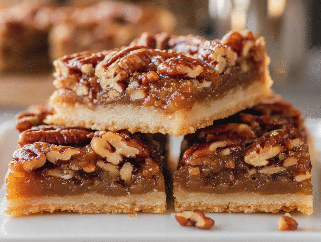 Ellie's Foolproof Thanksgiving Menu (Easy Game Plan!) 7 A white plate with three Easy Pecan Pie Bars with a shortbread crust, ready for a holiday dessert.