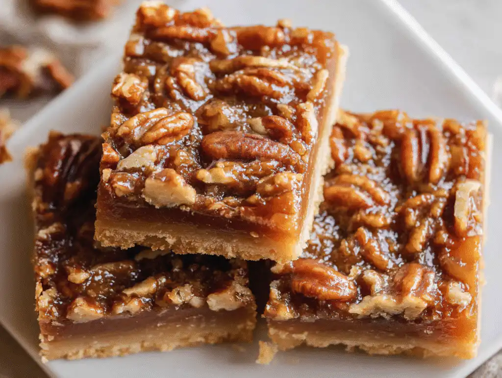 A white plate with three Easy Pecan Pie Bars with a shortbread crust.