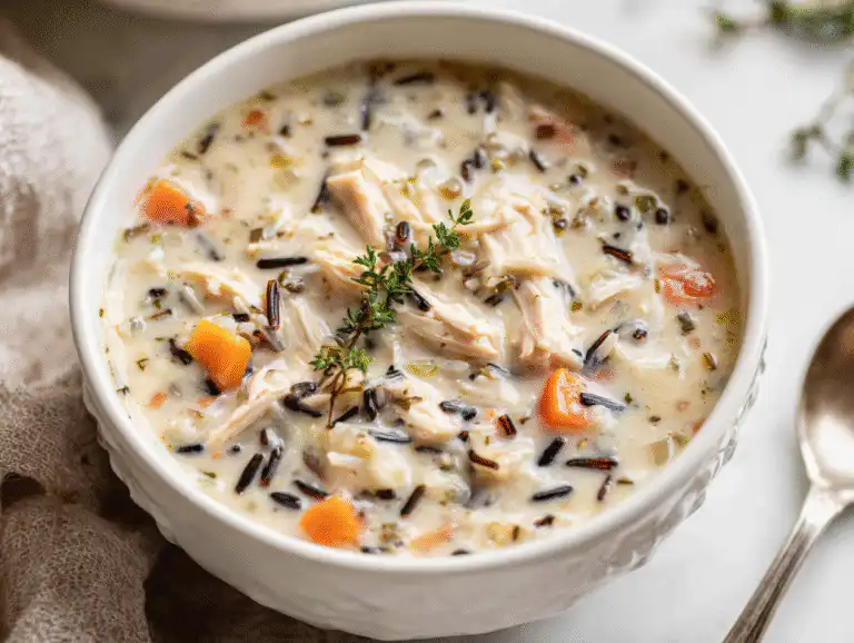A white bowl of the best creamy chicken and wild rice soup, garnished with fresh thyme, on a bright white table.