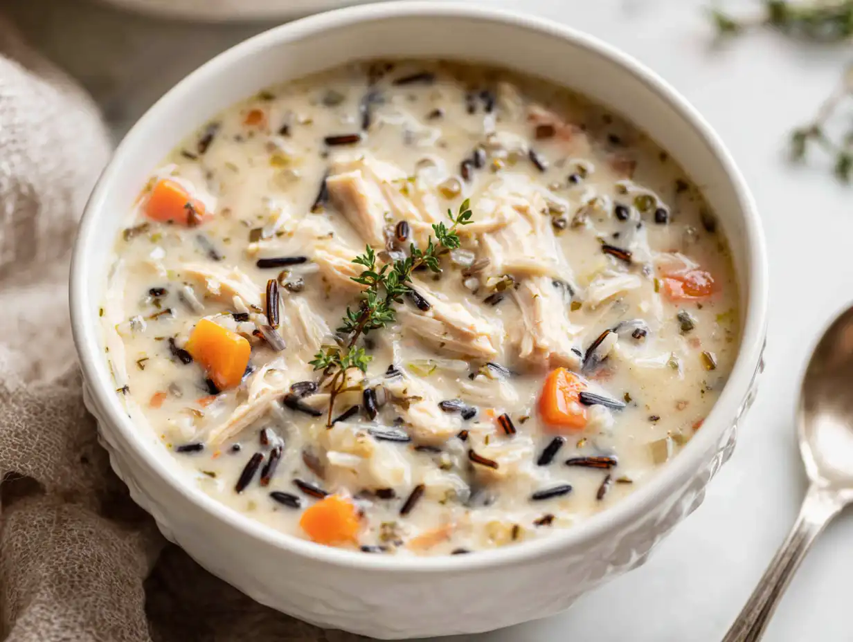A white bowl of the best creamy chicken and wild rice soup, garnished with fresh thyme, on a bright white table.