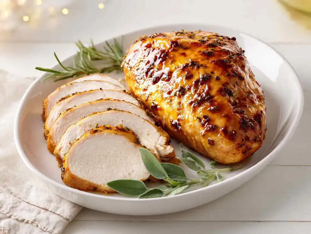 Ellie's Foolproof Thanksgiving Menu (Easy Game Plan!) 1 The best Juicy Oven Roasted Turkey Breast on a white platter, carved for Thanksgiving, on a bright white table.