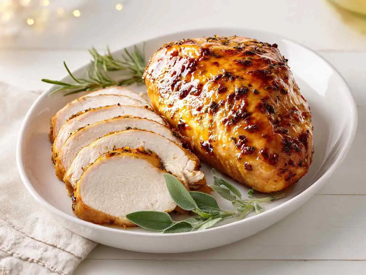 The best Juicy Oven Roasted Turkey Breast on a white platter, carved for Thanksgiving, on a bright white table.