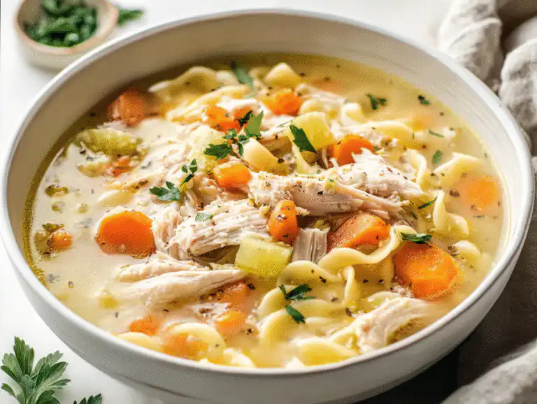 A white bowl of the best Creamy Leftover Turkey Soup Recipe, garnished with fresh parsley, on a bright white table.