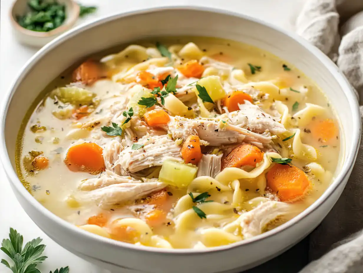 A white bowl of the best Creamy Leftover Turkey Soup Recipe, garnished with fresh parsley, on a bright white table.