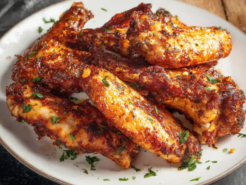 Ellie's Foolproof Thanksgiving Menu (Easy Game Plan!) 10 A platter of the best crispy garlic butter air fryer turkey wings, garnished with fresh parsley.