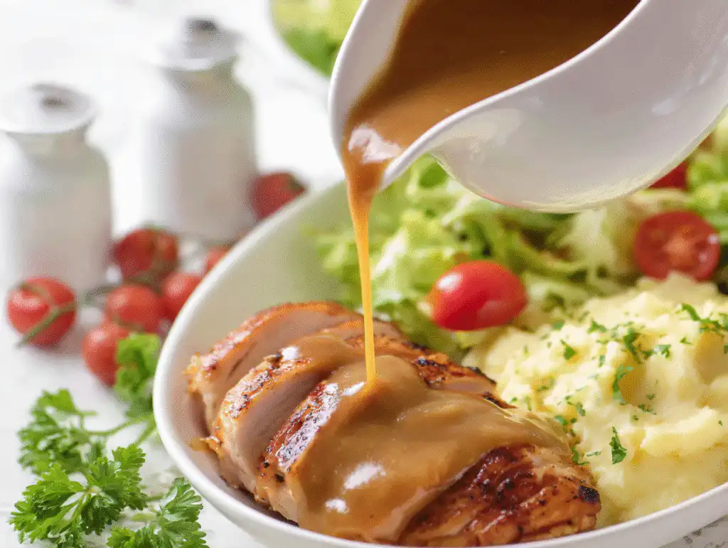 Ellie's Foolproof Thanksgiving Menu (Easy Game Plan!) 6 A white gravy boat filled with smooth, crockpot turkey gravy for Thanksgiving, on a bright white table.