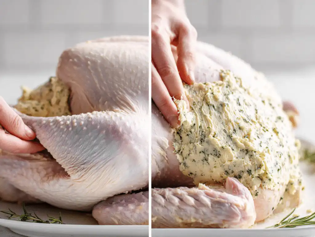 Rubbing herb butter under the skin for a juicy thanksgiving turkey.