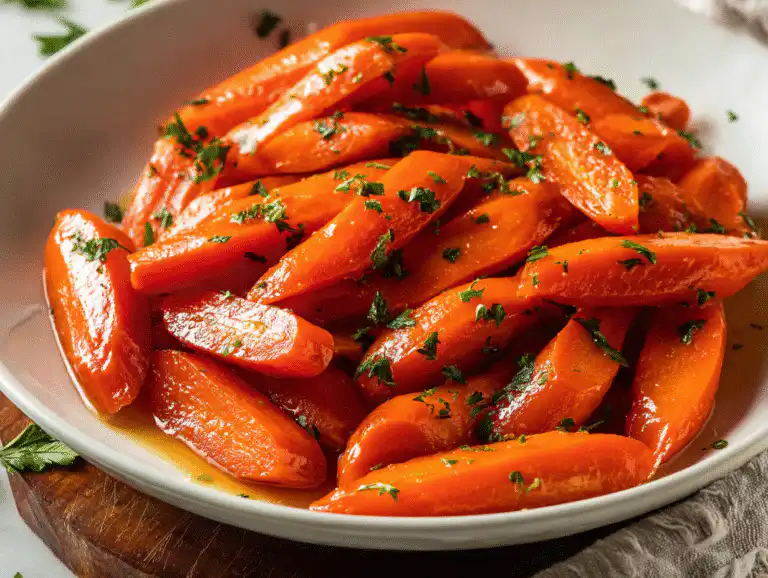 The Best Honey-Glazed Carrots (Simple Stovetop Recipe!) 9 A white bowl of the best honey-glazed carrots with fresh parsley on a white table.
