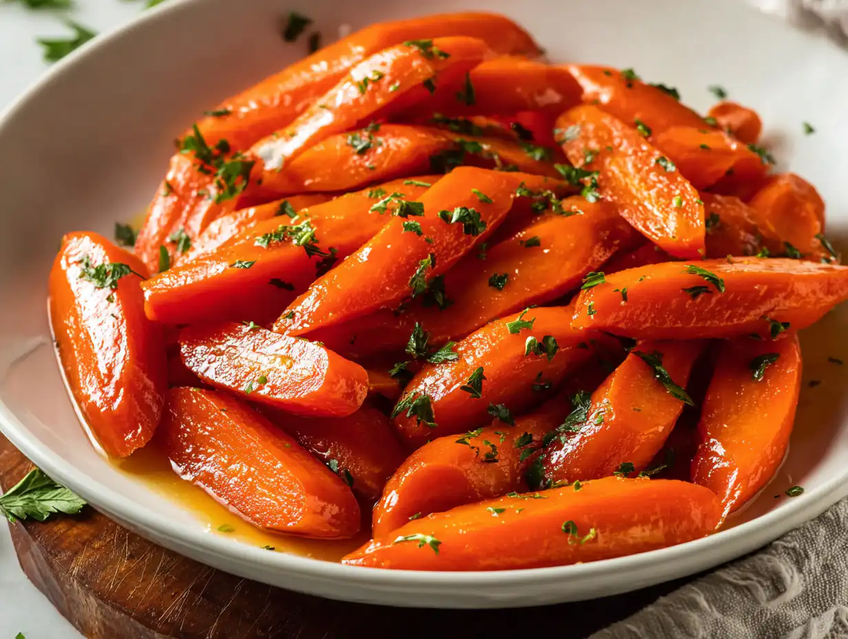 The Best Honey-Glazed Carrots (Simple Stovetop Recipe!) 5 A white bowl of the best honey-glazed carrots with fresh parsley on a white table.
