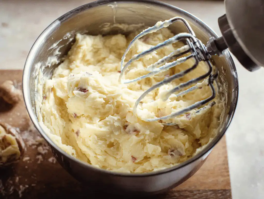 Using a mashed potatoes with hand mixer to get a perfectly fluffy, creamy texture.