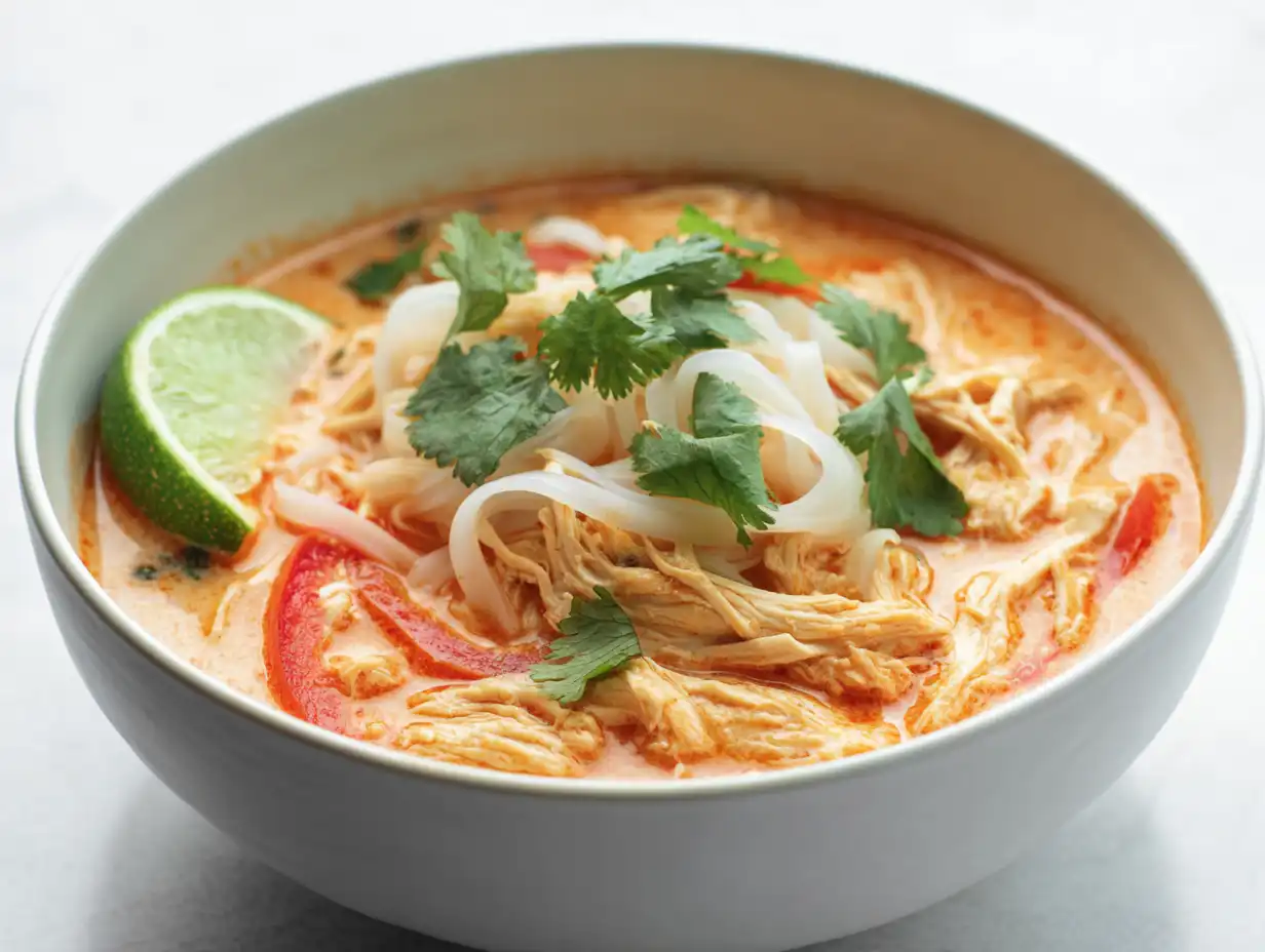 A white bowl of the best Thai Chicken Curry Soup with coconut milk, red curry, and rice noodles, on a bright white table.
