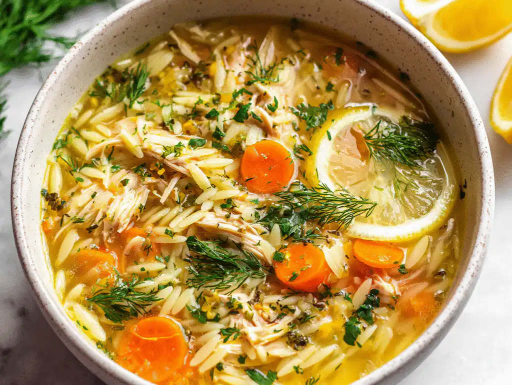 A bowl of healthy Lemon Chicken Orzo Soup with fresh dill and lemon slices.