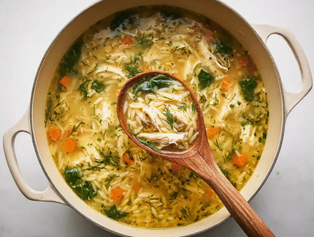 A pot of finished Lemon Chicken Orzo Soup ready to serve.