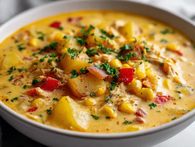The Best Creamy Chicken Corn Chowder (Easy & Healthy!) 9 A bowl of creamy Chicken Corn Chowder with red peppers and potatoes.
