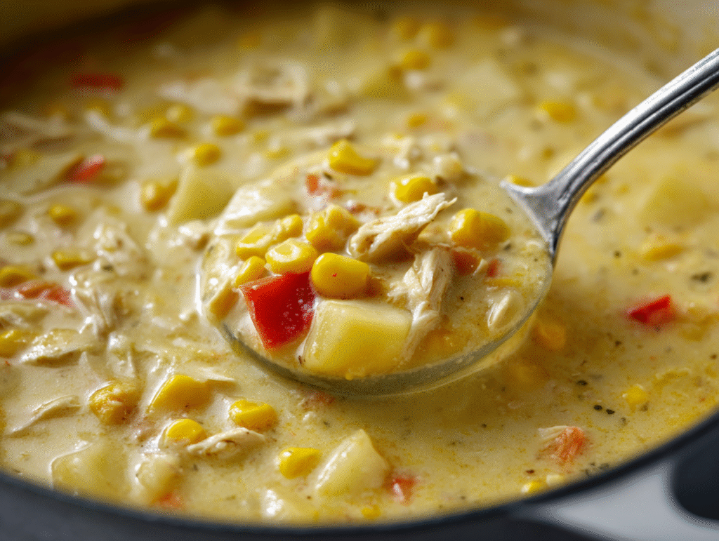 The Best Creamy Chicken Corn Chowder (Easy & Healthy!) 8 Homemade Chicken Corn Chowder served with bread.