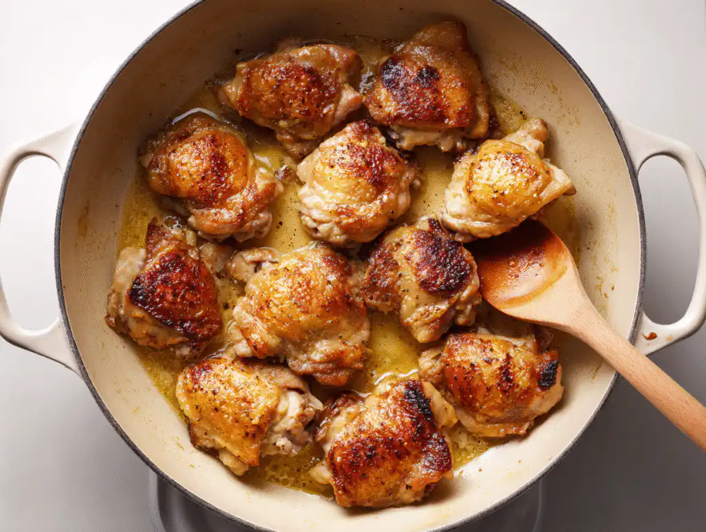 Searing chicken thigh pieces in a Dutch oven for classic chicken stew.
