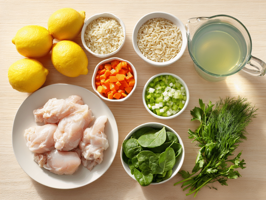 Fresh lemons, dill, and vegetables for Lemon Chicken Orzo Soup