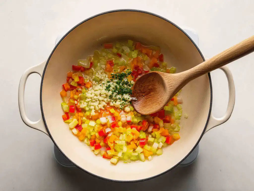 The Best Creamy Chicken Corn Chowder (Easy & Healthy!) 7 Sautéing vegetables for chicken corn chowder.